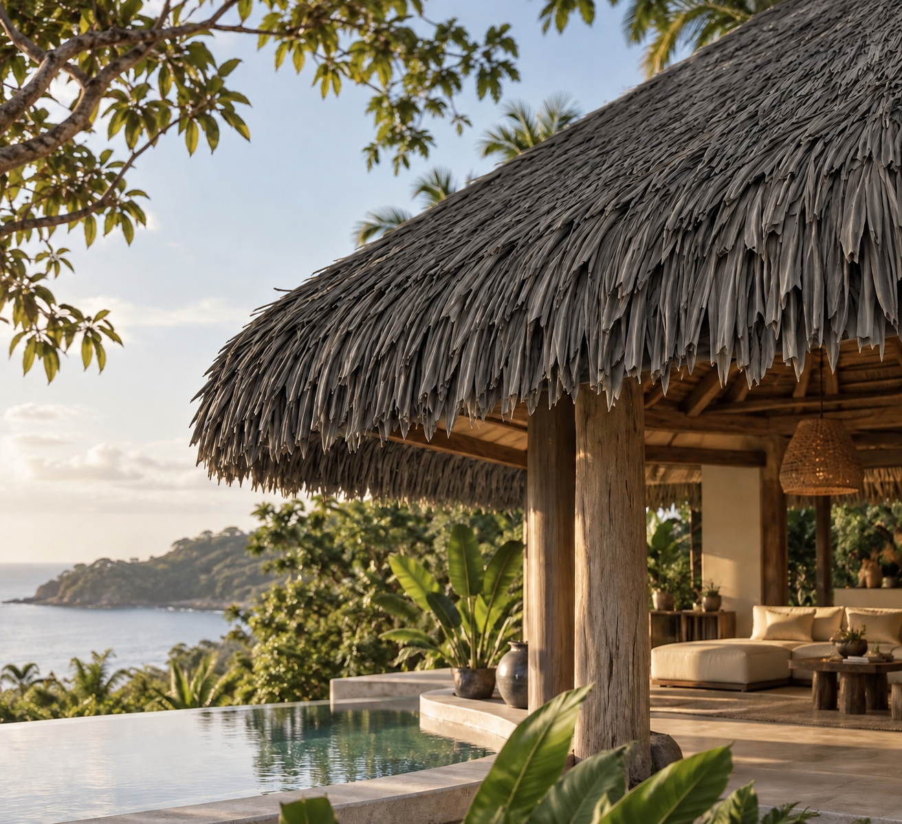 A NextPalm Thatch roof on a coastal villa above the sea