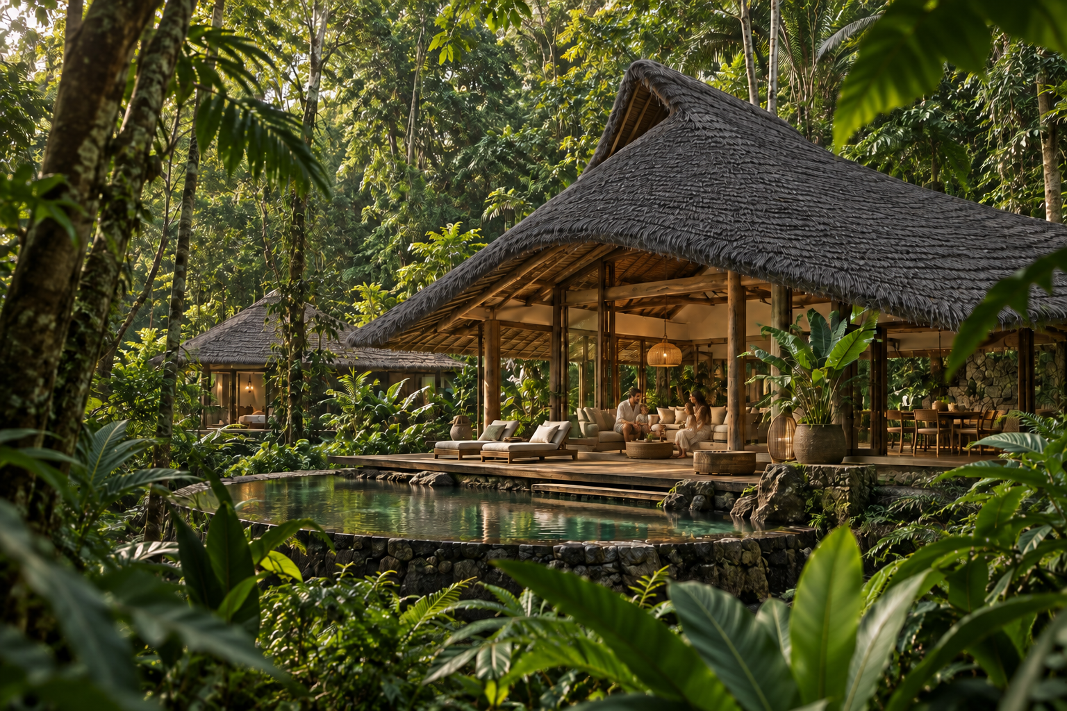 A NextPalm Thatch roof on a jungle villa beside a pool
