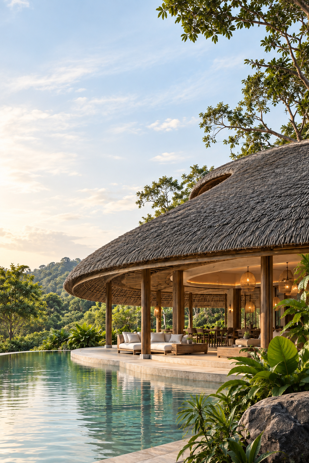 A NextPalm Thatch roof on a hillside villa above an infinity pool