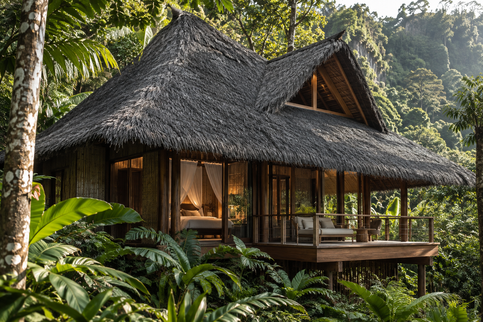 A NextPalm Thatch roof on a jungle lodge, set among the trees
