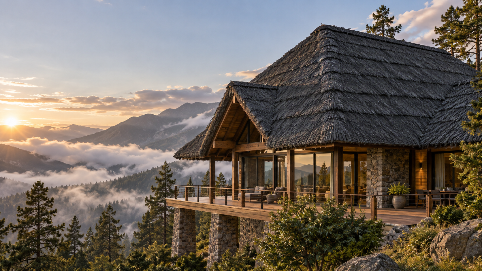 A NextPalm Thatch roof on a mountain lodge above the valley