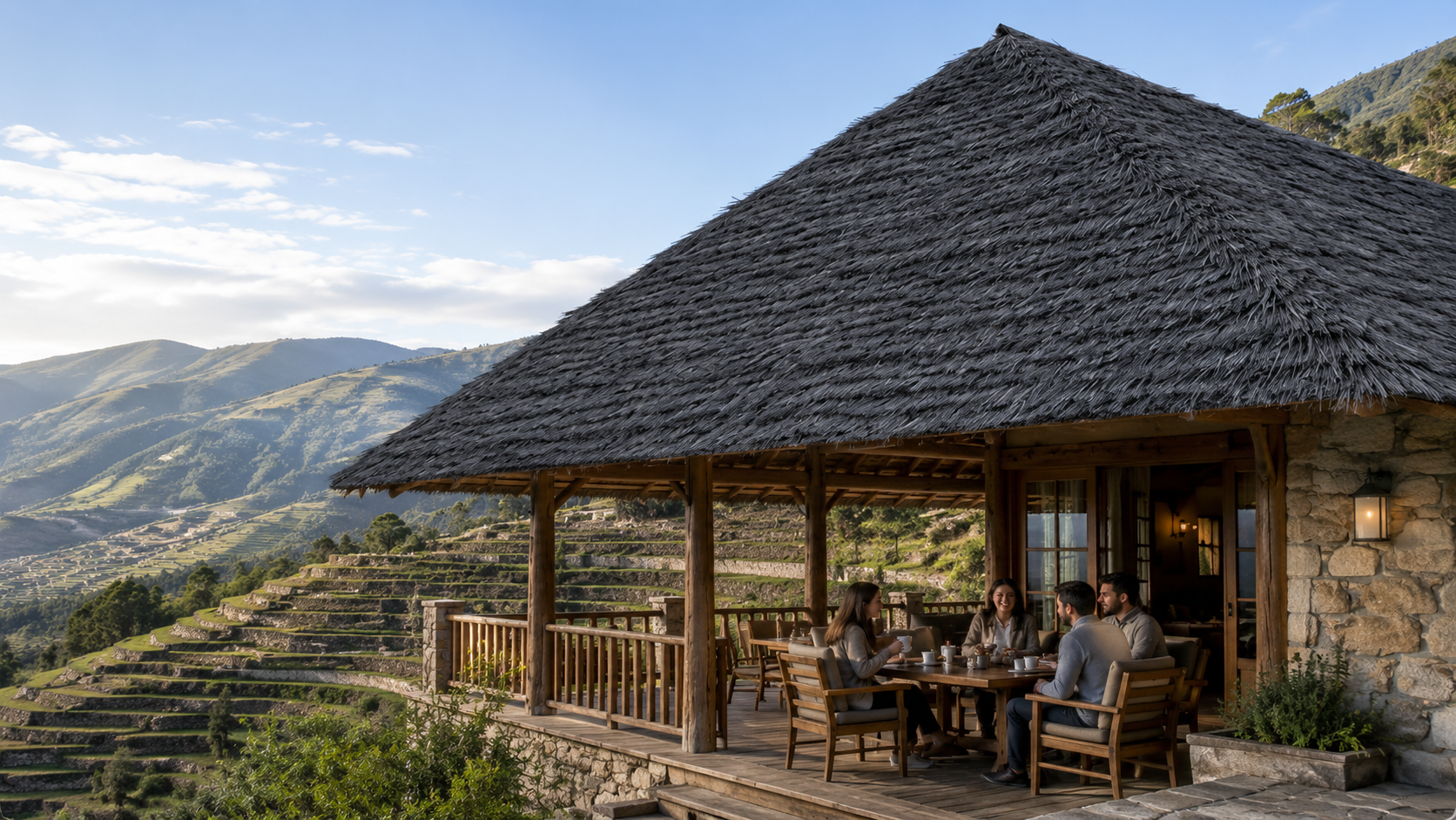 A finished NextPalm Thatch roof over a terrace restaurant in the hills