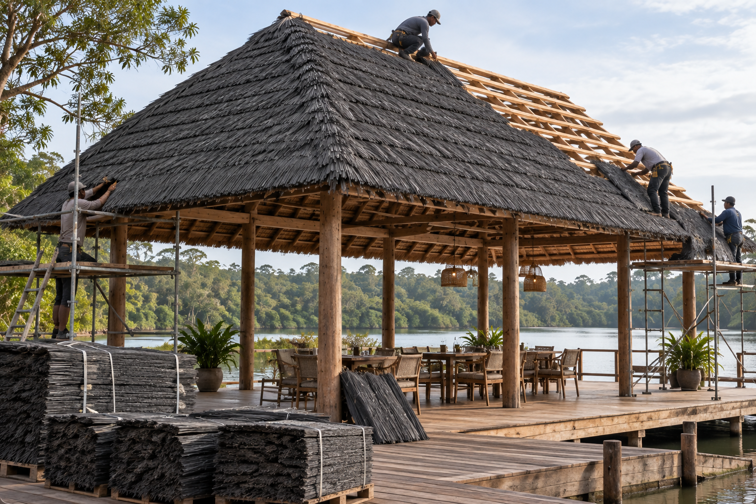 Roofers fitting NextPalm Thatch leaves on a waterfront pavilion roof