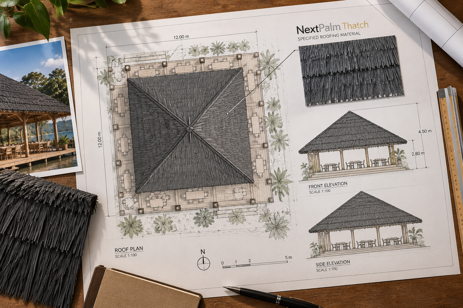 A roof plan with NextPalm Thatch leaf samples laid on it