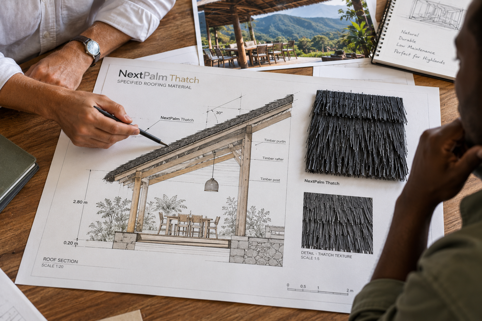 Working through a roof drawing with NextPalm Thatch leaf samples