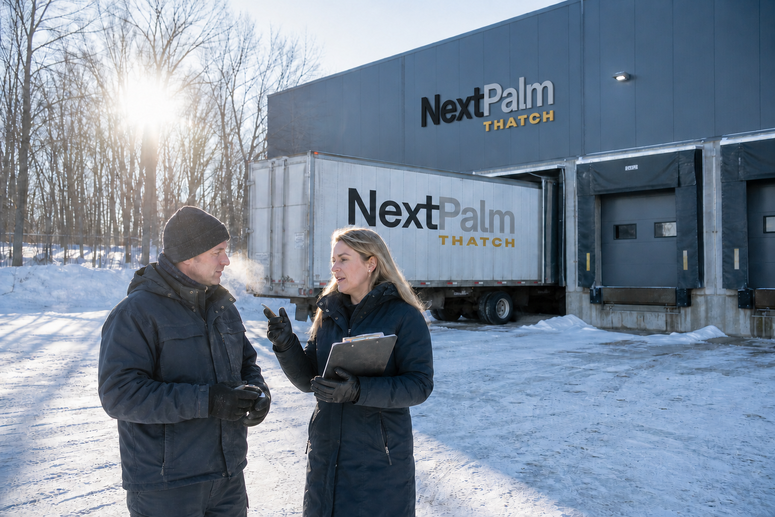 The NextPalm Thatch plant and trailer on a winter morning