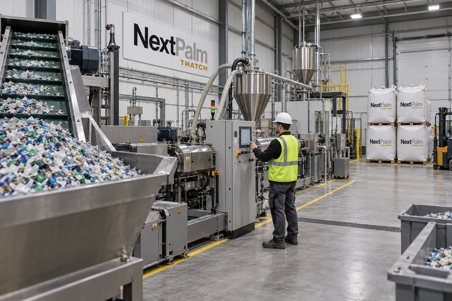 Recycled HDPE feeding the extrusion line at the NextPalm Thatch plant