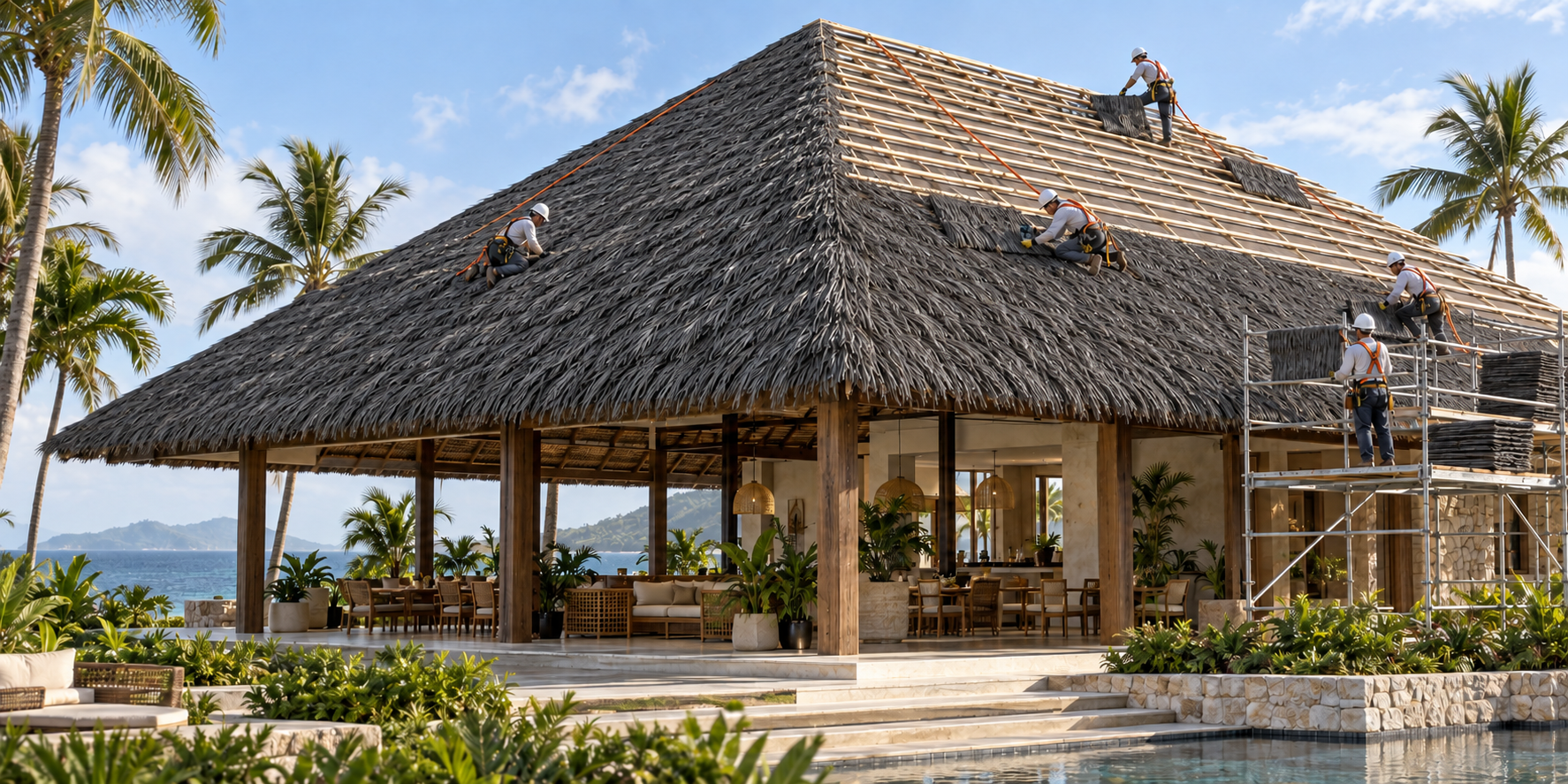 Roofers fixing NextPalm Thatch leaves on a pavilion roof, with bundles staged on the scaffold