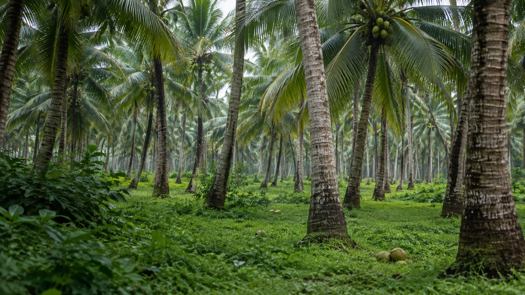 Coconut palms in a plantation grove