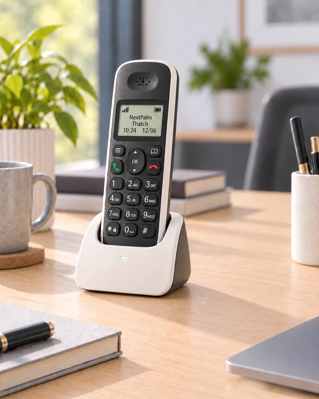 A cordless phone on an office desk, its screen reading NextPalm Thatch