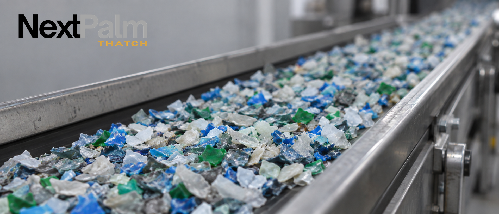 Recycled plastic flakes moving along the conveyor at the NextPalm Thatch plant